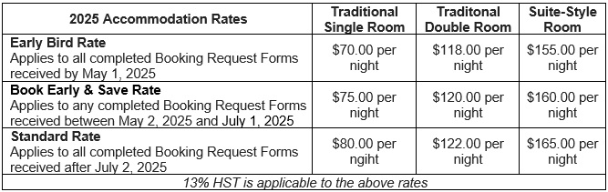 Early Bird Rate (Applies to all completed Booking Request Forms received by May 1, 2025). Traditional Single Room $70 per night, Traditional Double Room $118 per night, Suite-Style Room $155 per night.   Book Early & Save Rate (applies to any completed Booking Request Forms received between May 2, 2025, and July 1, 2025). Traditional Single Room $75 per night, Traditional Double Room $120 per night, Suite-Style Room $160 per night.  Standard Rate (applies to all completed Booking Request Forms received after and July 2, 2025). Traditional Single Room $80 per night, Traditional Double Room $122 per night, Suite-Style Room $165 per night. 13% HST is applicable to all rates.